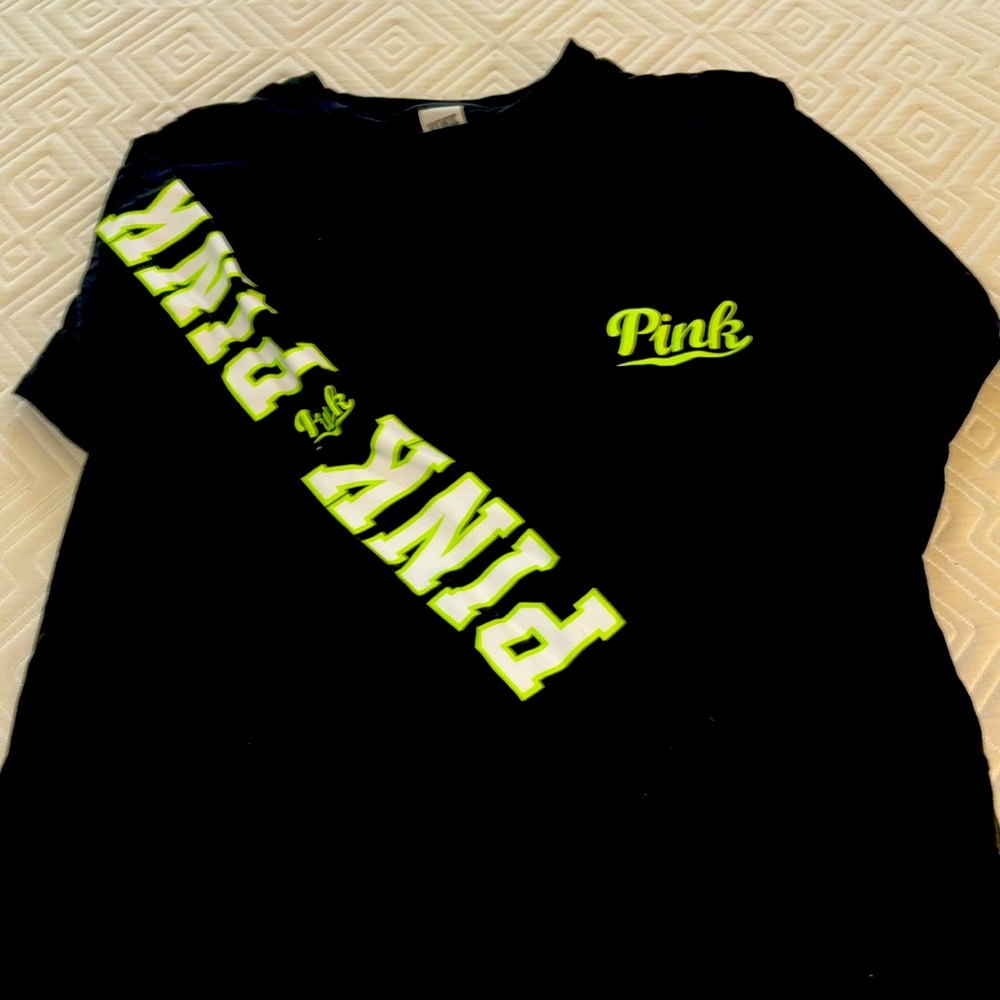 Pink long sleeve tee shirt, tshirt black with neon lime green. Size Large. L.